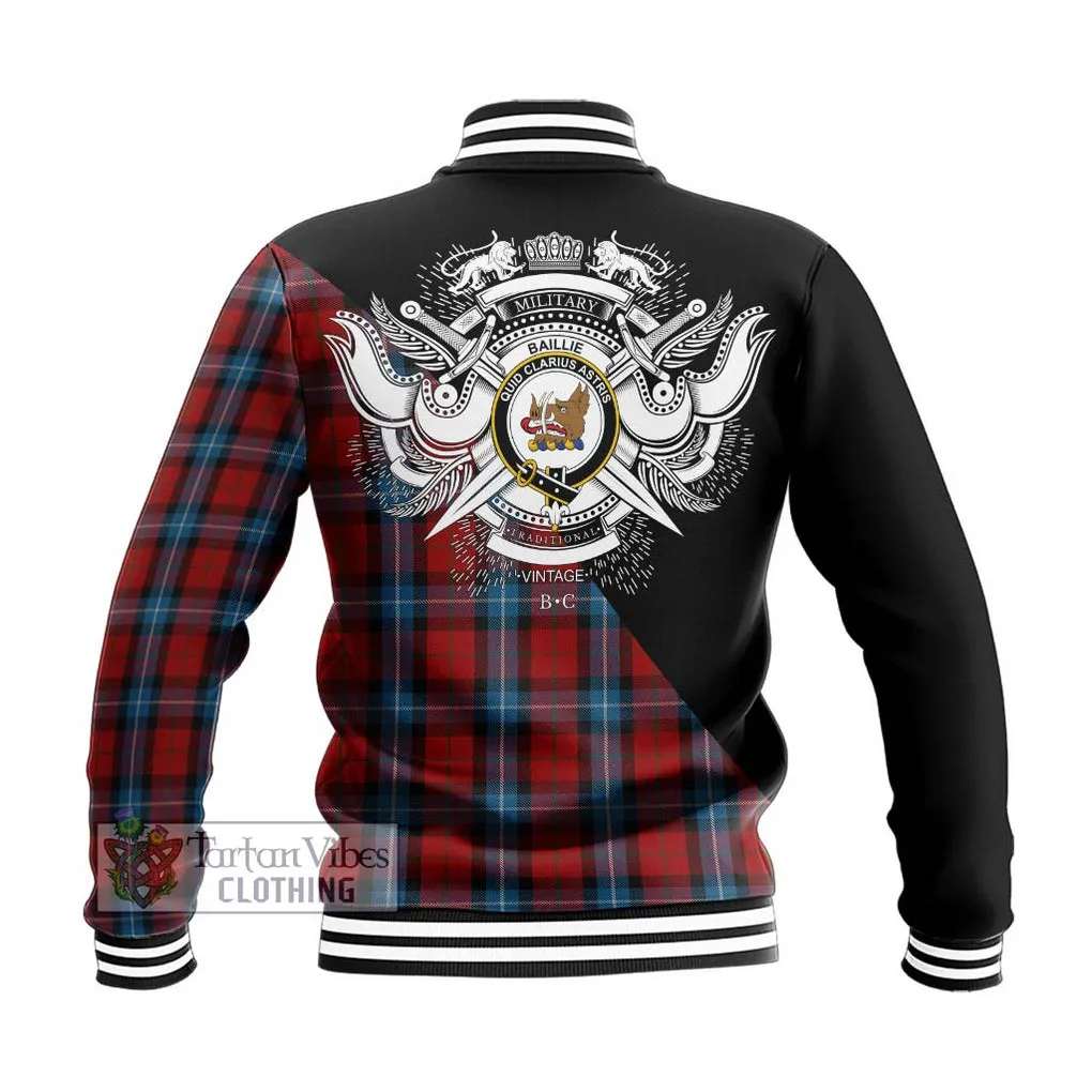 Baillie of Polkemmet Red Tartan Baseball Jacket with Family Crest and Military Logo Style
