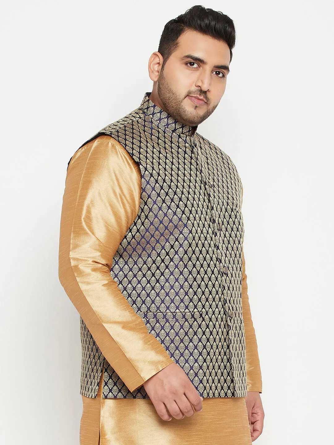 Jashvi Men's Plus Size Blue Woven Nehru Jacket