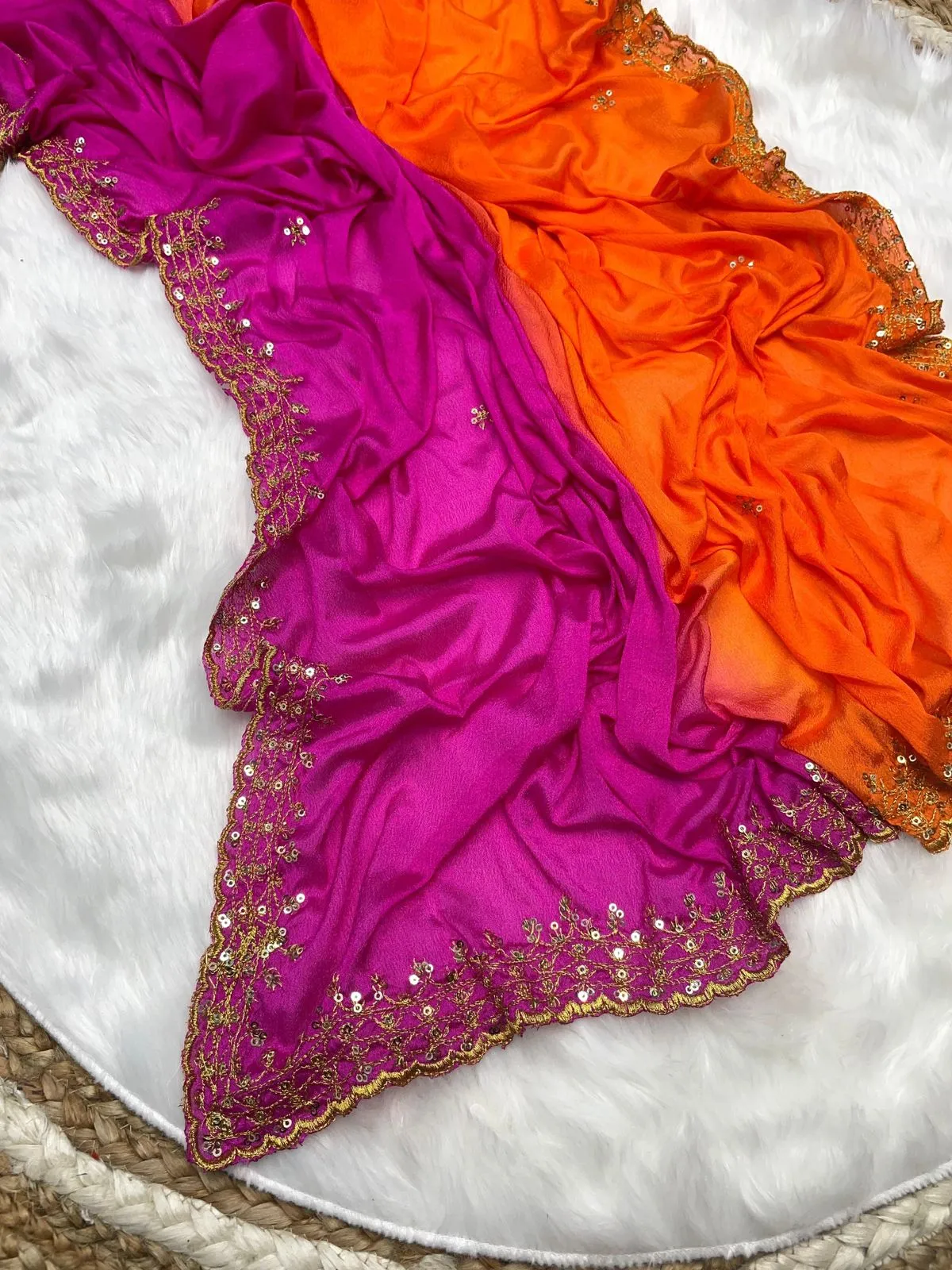 Orange and Pink Soft Hand-Dyed Chinnon Saree with Heavy Embroidery, Sequence, and Jari Work