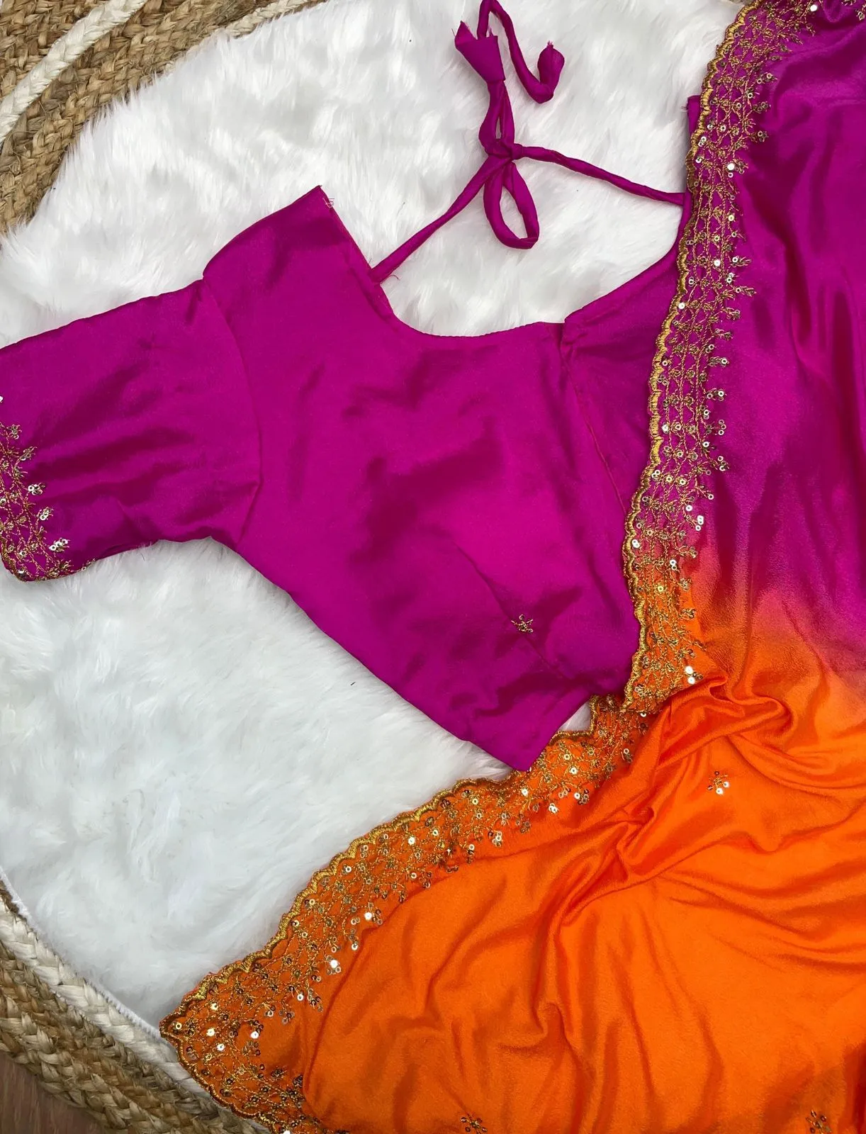 Orange and Pink Soft Hand-Dyed Chinnon Saree with Heavy Embroidery, Sequence, and Jari Work